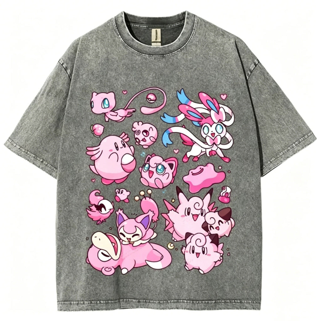 Pink Pok¡§|mon Friends Unisex Vintage Washed Tee