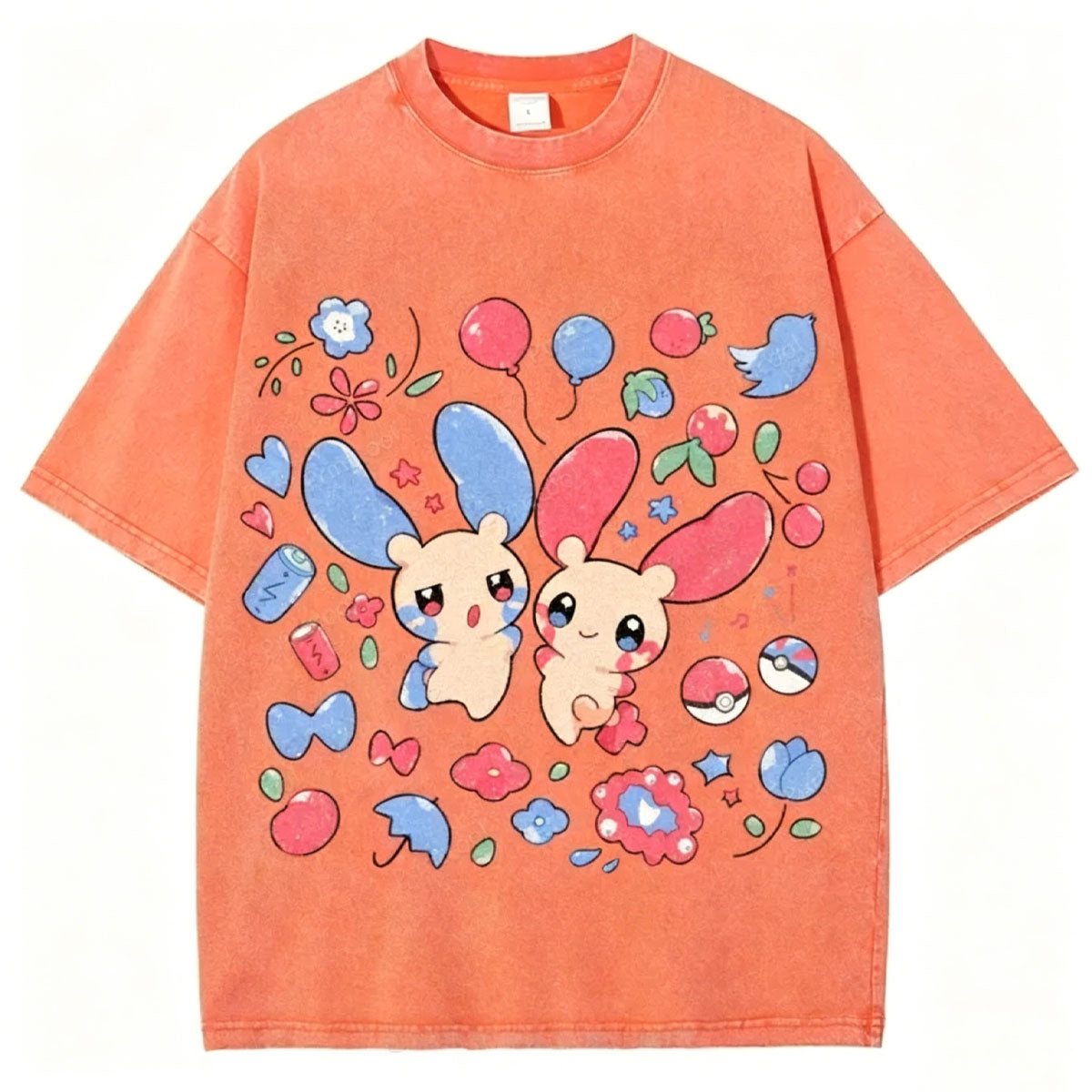 Pok¡§|mon Plusle And Minions Unisex Vintage Washed Tee