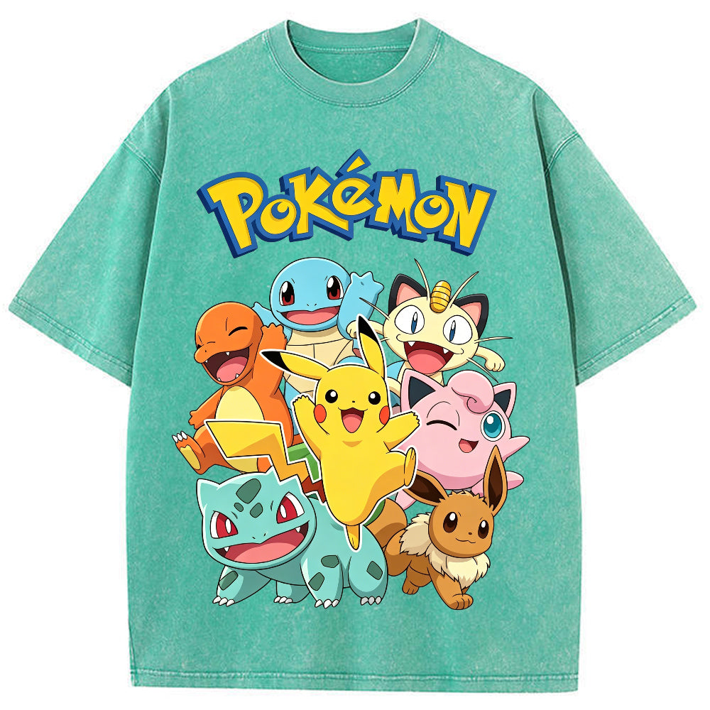 Vintage Black Pokemon Group Graphic Tee | Retro Anime Oversized T-Shirt