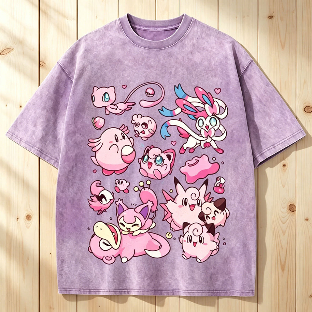 Pink Pok¡§|mon Friends Unisex Vintage Washed Tee