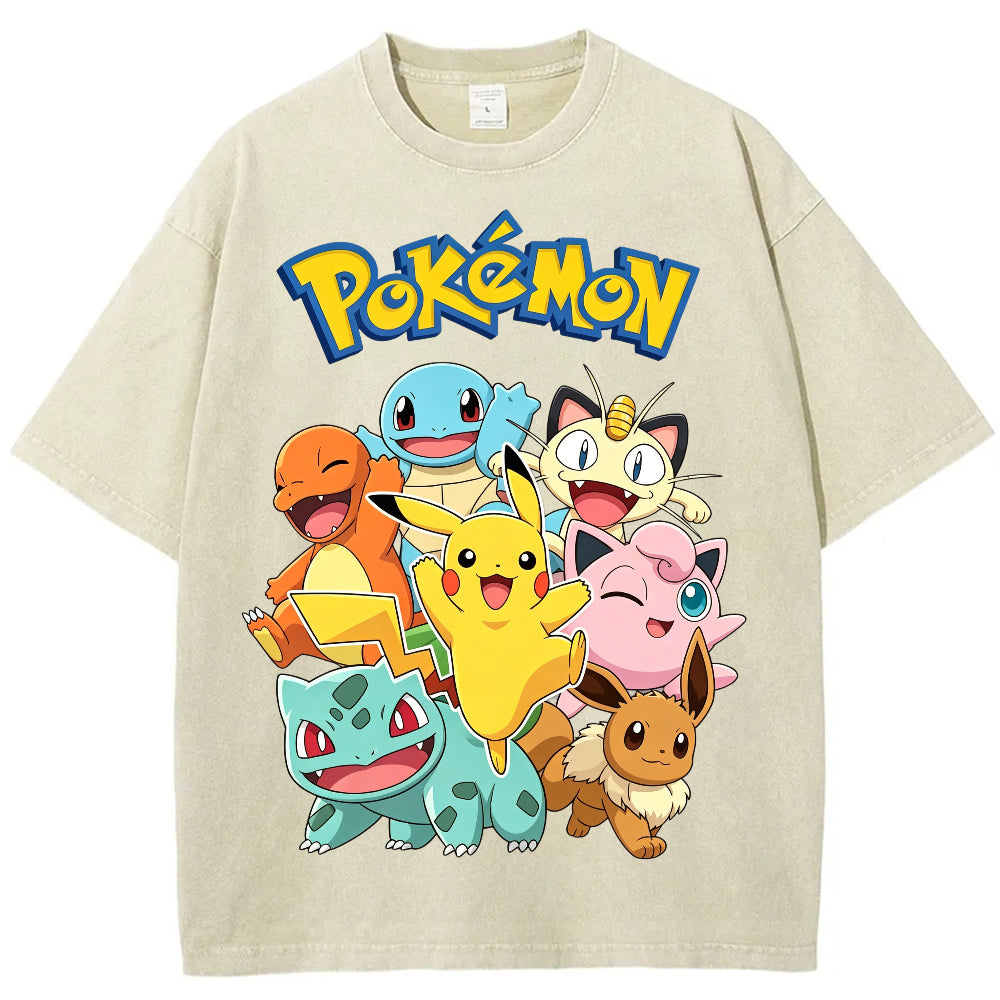 Vintage Black Pokemon Group Graphic Tee | Retro Anime Oversized T-Shirt