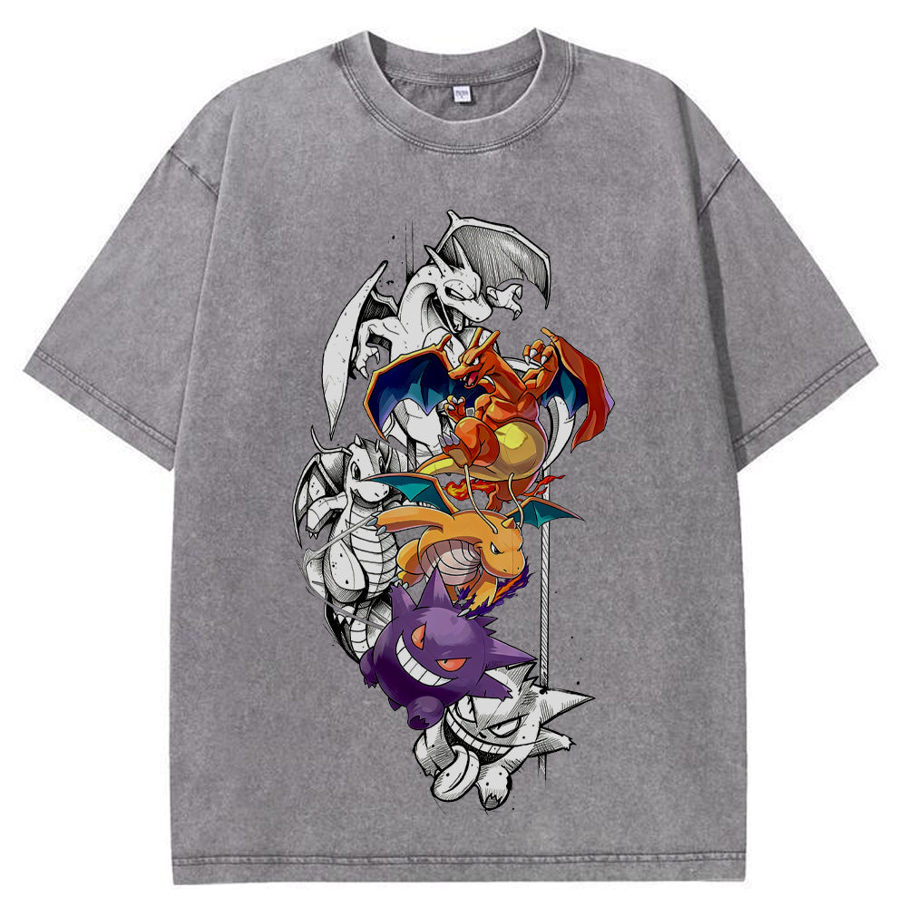 Grunge Sketch Dragon Ghost Group Wash Vintage Tee | Pokemon Anime