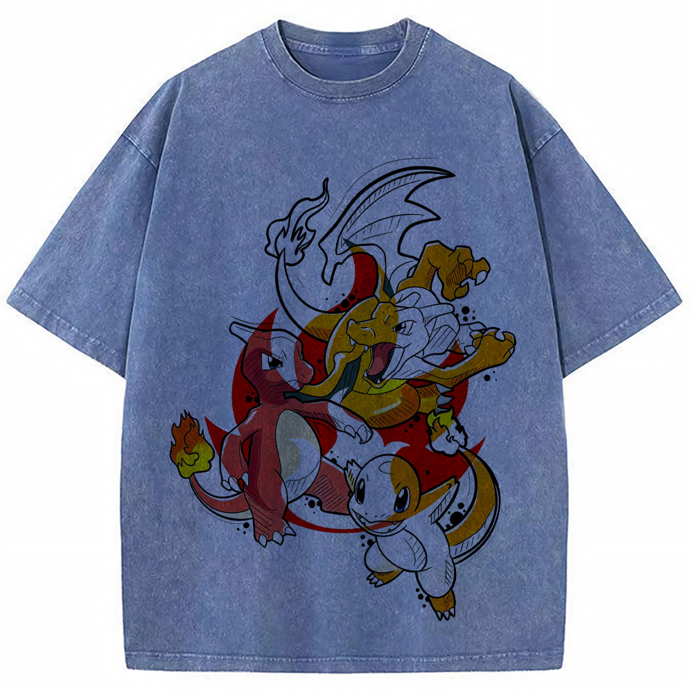 Retro Splash Charizard Evolution Wash Vintage Tee | Pokemon Anime