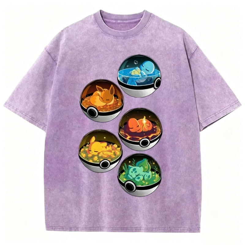 Five Pok¡§|mon Sleep Unisex Vintage Washed Tee