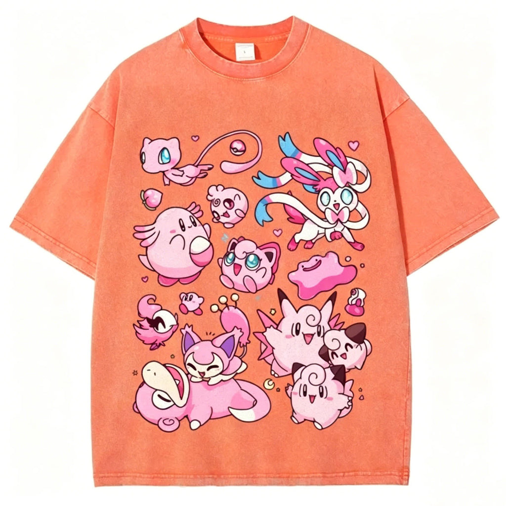 Pink Pok¡§|mon Friends Unisex Vintage Washed Tee