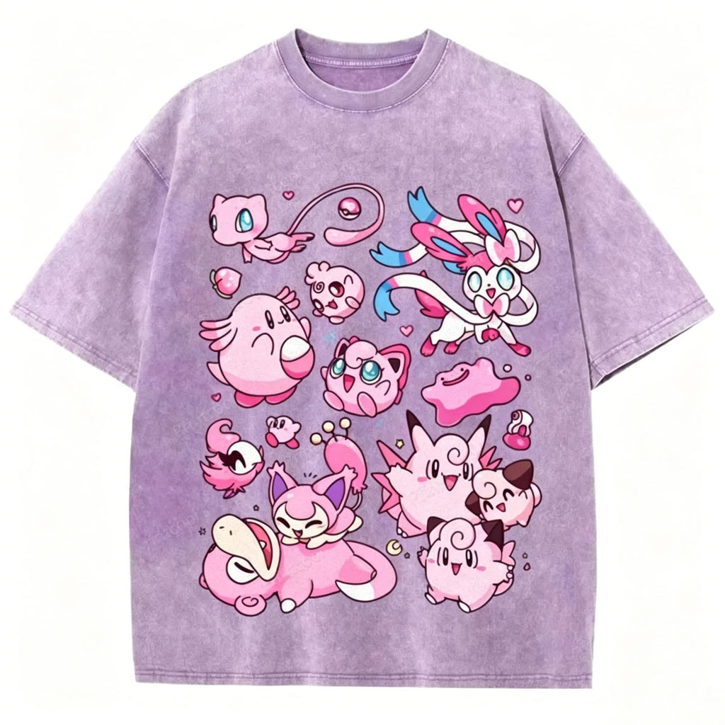 Pink Pok¡§|mon Friends Unisex Vintage Washed Tee