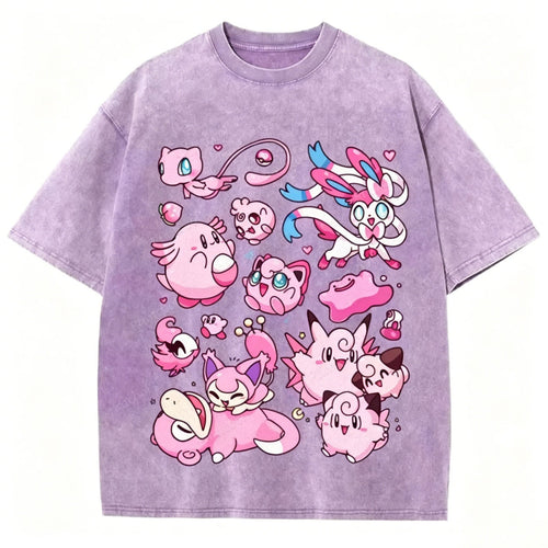 Pink Pok¡§|mon Friends Unisex Vintage Washed Tee
