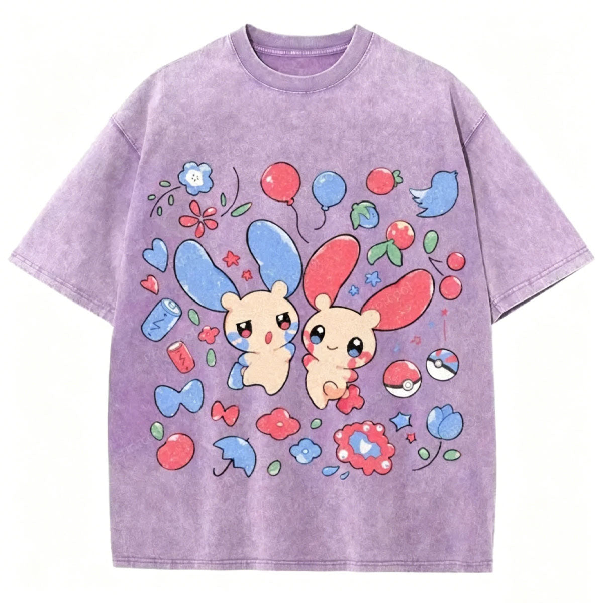Pok¡§|mon Plusle And Minions Unisex Vintage Washed Tee