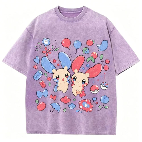 Pok¡§|mon Plusle And Minions Unisex Vintage Washed Tee