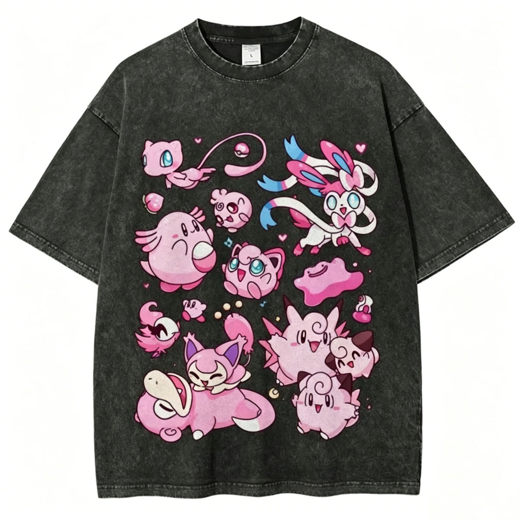 Pink Pok¡§|mon Friends Unisex Vintage Washed Tee