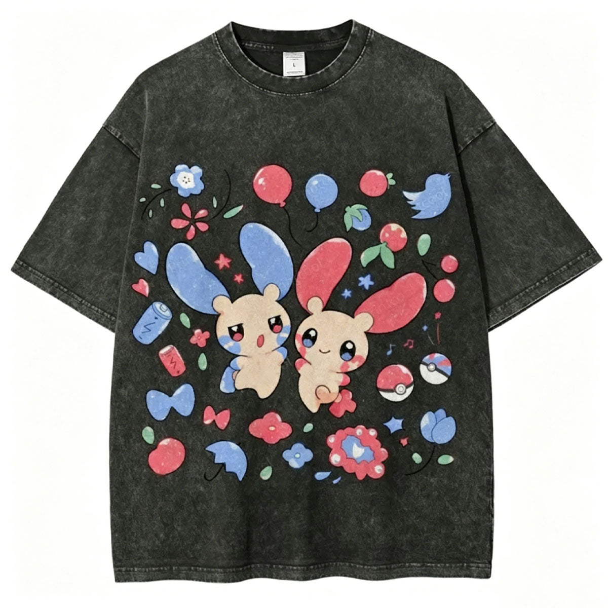 Pok¡§|mon Plusle And Minions Unisex Vintage Washed Tee
