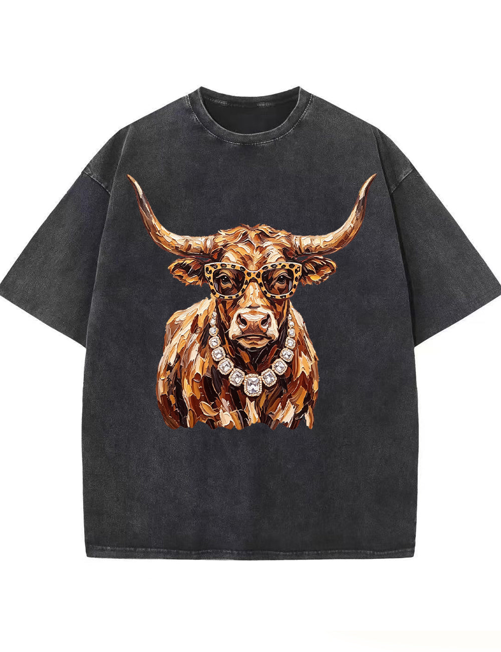 Western Glam Longhorn Bling Design Leopard Print T-Shirt