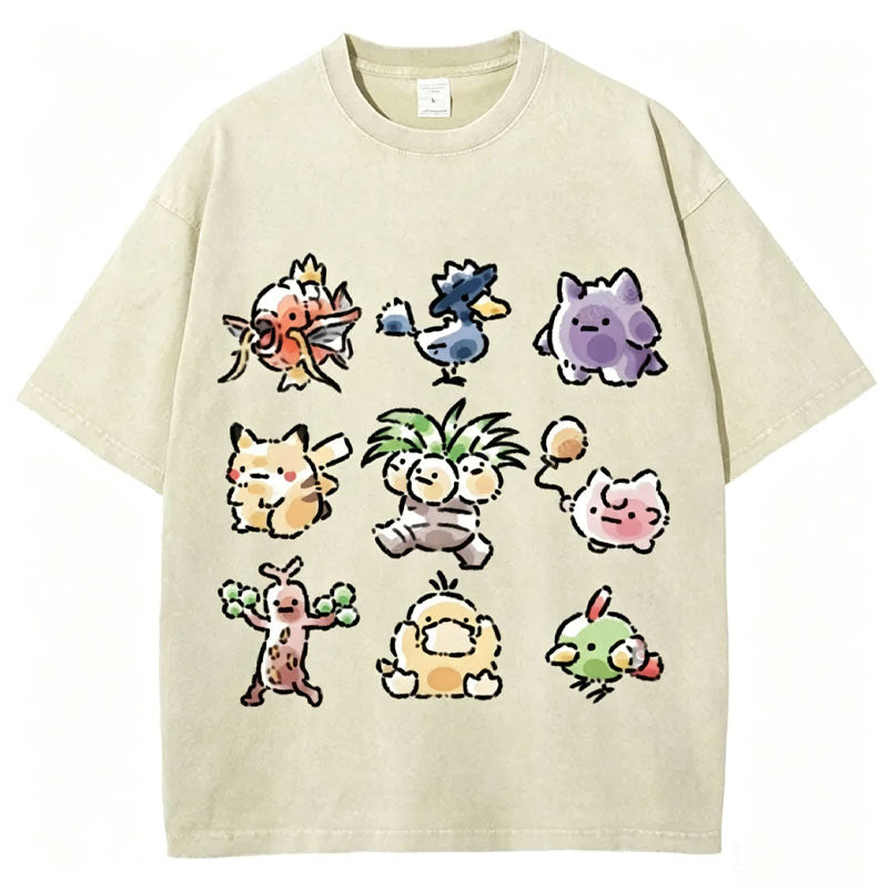 Cute Chibi Pokemon Unisex Vintage Washed Tee