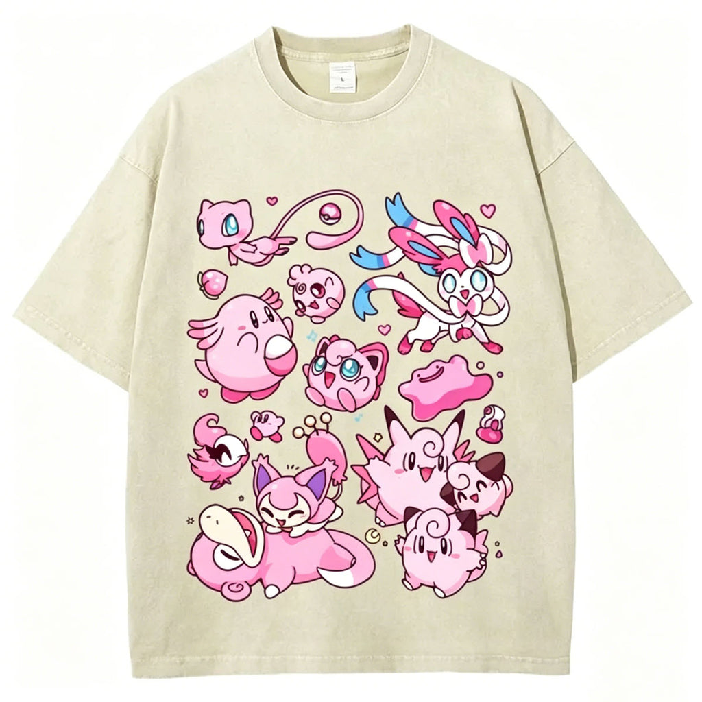 Pink Pok¡§|mon Friends Unisex Vintage Washed Tee