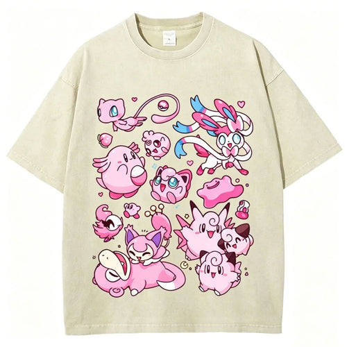 Pink Pok¡§|mon Friends Unisex Vintage Washed Tee