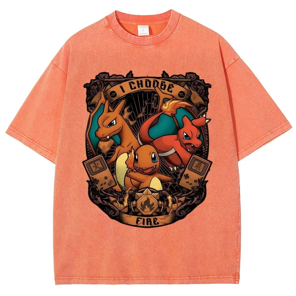 Unisex Vintage Washed T-Shirt | Fire Type Charmander Charmeleon Charizard